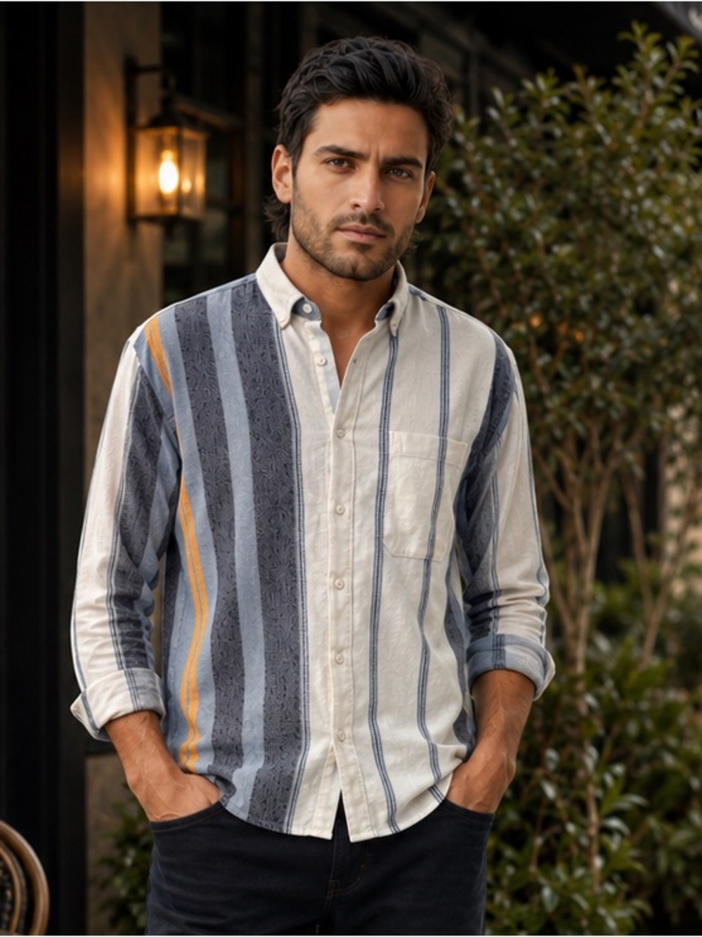 ASOS Design Shirt Mens L Striped Colorblock Cream Blue Orange Longsleeve shirt
